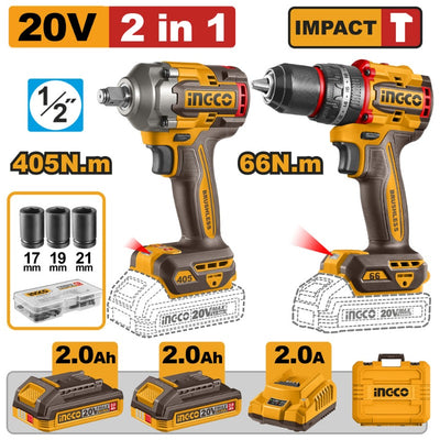 TALADRO IMPACTO INALAMB.20V+ LLAVE IMPACTO INALAMB. INGCO 20V #CKLI20286 (C)