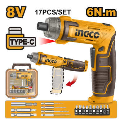 ATORNILLADOR INGCO INALAMBRICO 8V CARGA USB (CABLE NO INCLUIDO) 17 PZAS #CSDLI08025
