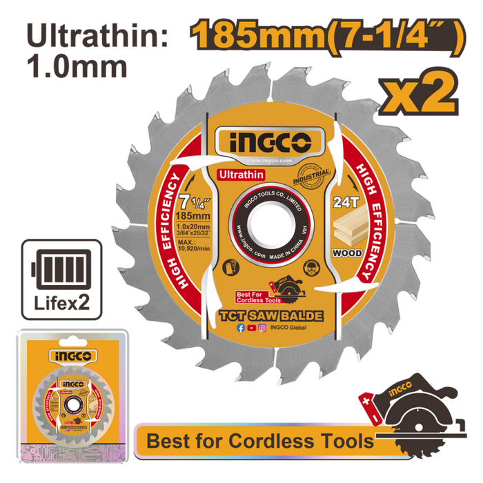 DISCO DE SIERRA CIRCULAR INGCO P/MADERA JGO.2 PZAS. 24 DTS. 185 MM-7.1/4 #TSB1853