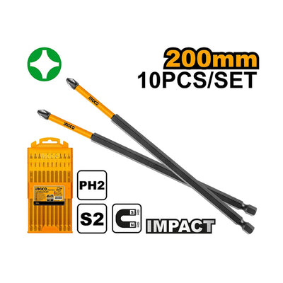 PUNTA INGCO LARGA  S2  PH2 1/4 X 200MM/  JGO.10 PZAS # SDBIM11PH285