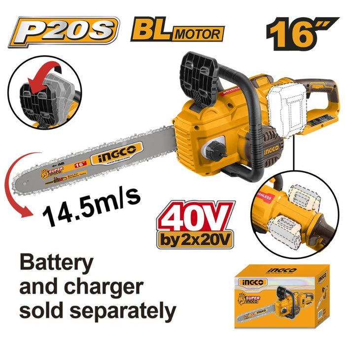 MOTOSIERRA INGCO INALAMBRICA 20V S/BATERIA Y S/CARGADOR BARRA 16 #CGSLI40168