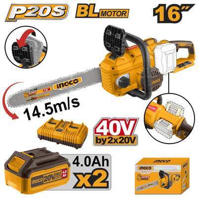 MOTOSIERRA INGCO INALAMBRICA 20V C/2 BAT. Y C/CARGADOR DOBLE, BARRA 16 #CGSLI401682
