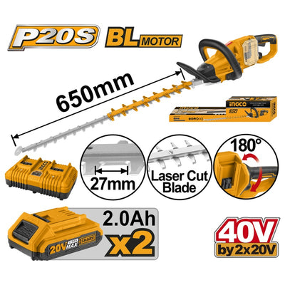 CORTASETOS INGCO INALAMBRICO 40V C/2 BAT. Y C/CARGADOR DOBLE #CHTLI400282