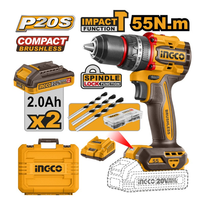 TALADRO  INGCO INALAMBRICO DE IMPACTO 20V - C/2 BAT.2.0AH Y 1 CARGADOR #CIDLI20558 (C)