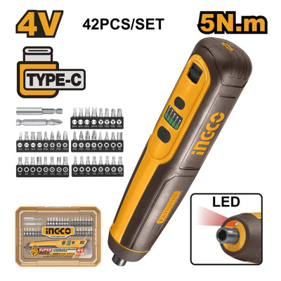ATORNILLADOR INALAMBRICO INGCO 4V SIN CABLE USB C/42 ACCESORIOS #CSDLI0406