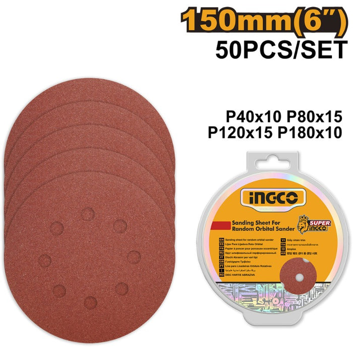 LIJA INGCO P/LIJADORA ORBITAL 150MM (6") JGO.50 PZAS P40-180 #AKRS1500511