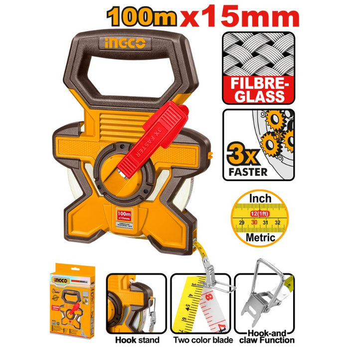 HUINCHA METRICA INGCO AGRIMENSOR FIBRA DE VIDRIO 100MTS X 15MM #HFMT18100