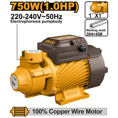 BOMBA AGUA INGCO PERIFERICA 750 WATTS - 1,0 HP MAX.SUCCION 8 MTS.# VPM75068