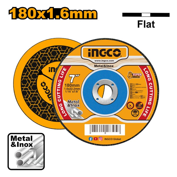 DISCO DE CORTE INGCO PLANO PARA METAL INOX 180x1,6x22MM  7 # MCD161801