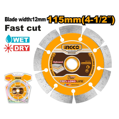 DISCO DIAMANTADO INGCO CORTE RÁPIDO EN SECO Y HÚMEDO 115MM (4 1/2)X 22,2 MM # DMD0111513