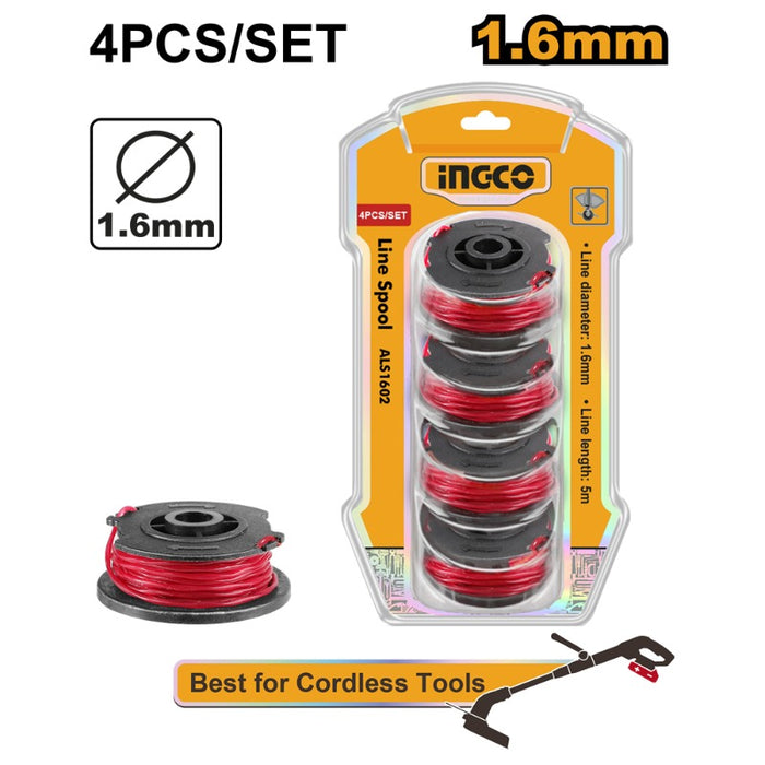 NYLON INGCO P/ORILLADORA 1,6 MM JGO.4 BOBINAS DE 5 MTS.C/U  # ALS1602