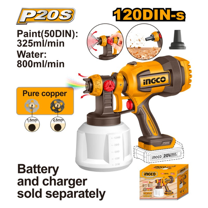 PISTOLA  PINTAR/SOPLADORA INGCO INALAMBRICA 20V 800 ML S/BATERIA S/CARGADOR # CSGLI2004
