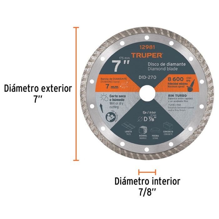 DISCO CORTAR TRUPER DIAMANTADO TURBO # DID-270 (DDT-1527T)  7  (12981)