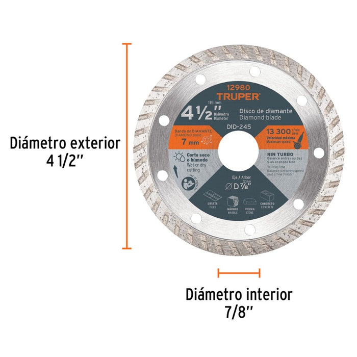 DISCO CORTAR TRUPER DIAMANTADO TURBO # DID-245 (DDT-1513T)  4.1/2  (12980)