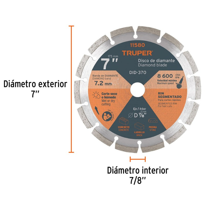 DISCO CORTAR TRUPER DIAMANTADO SEGMENT # DID-370 ( DDT-806D)  7  (11580)