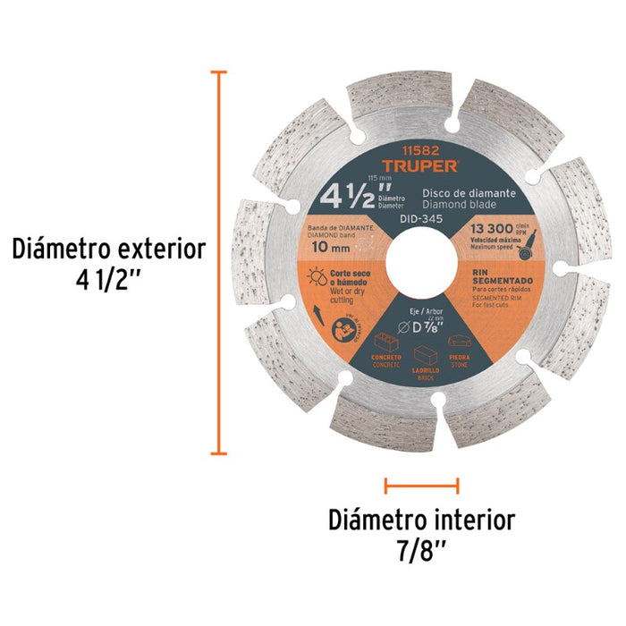 DISCO CORTAR TRUPER DIAMANTADO SEGMENT # DID-345 (DDT-829D)  4.1/2  (11582)
