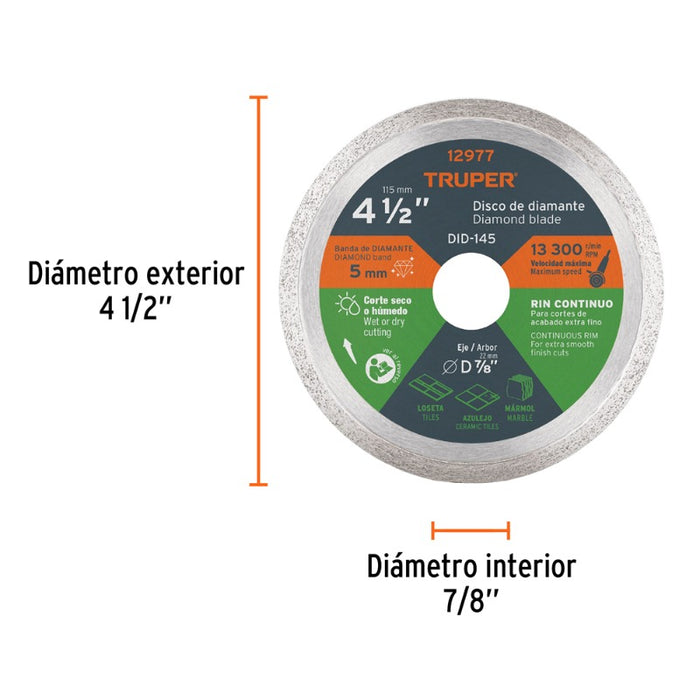 DISCO CORTAR TRUPER DIAMANTADO CONTINUO # DID-145 ( DDT-1549C)  4.1/2  (12977)