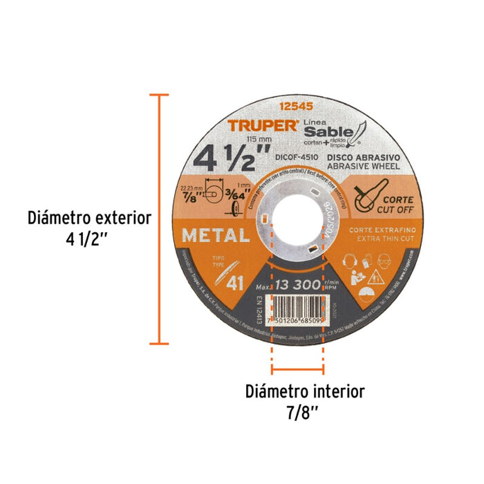 DISCO CORTAR TRUPER CORTE METAL # DICOF-4510  4.1/2  10 PIEZAS(OF)  (12545)