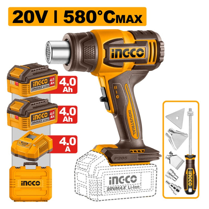PISTOLA DE CALOR INGCO INALAMBRICA 20V C/ 2 BATERÍAS 4.0AH + 1 CARGADOR # HGLI20085
