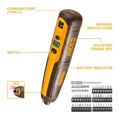 ATORNILLADOR INALAMBRICO INGCO 4V SIN CABLE USB C/43 ACCESORIOS  #CSDLI04062