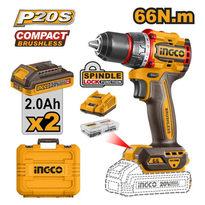 TALADRO ATORN. INGCO INALAMBRICO S/ESCOBILLAS 20V - C/2 BAT.2.0 AH Y 1 CARGADOR #CDLI20668 (C)