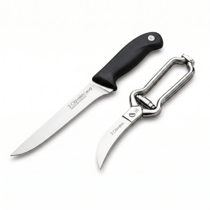 Pack Pollo y Anticuchos - Cuchillo Deshuesar 15 cm y Tijera para Aves Tres Claveles