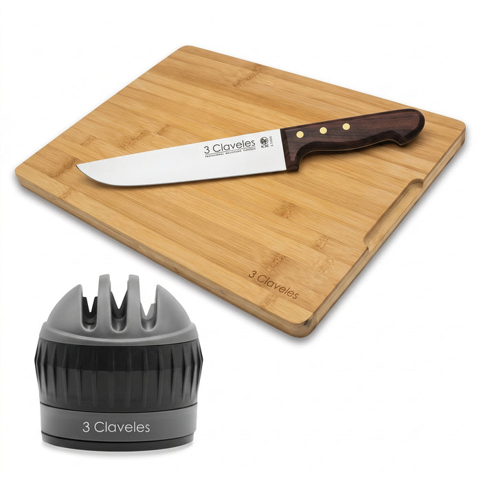Pack Carnicero - Cuchillo 20 cm Mango de Madera, Tabla de Bambú 40 x 30 cm y Afilador Tres Claveles