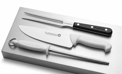 Pack Asado 18 - Cuchillo Carnicero 20 cm, Tenedor Trinche y Chaira Tres Claveles